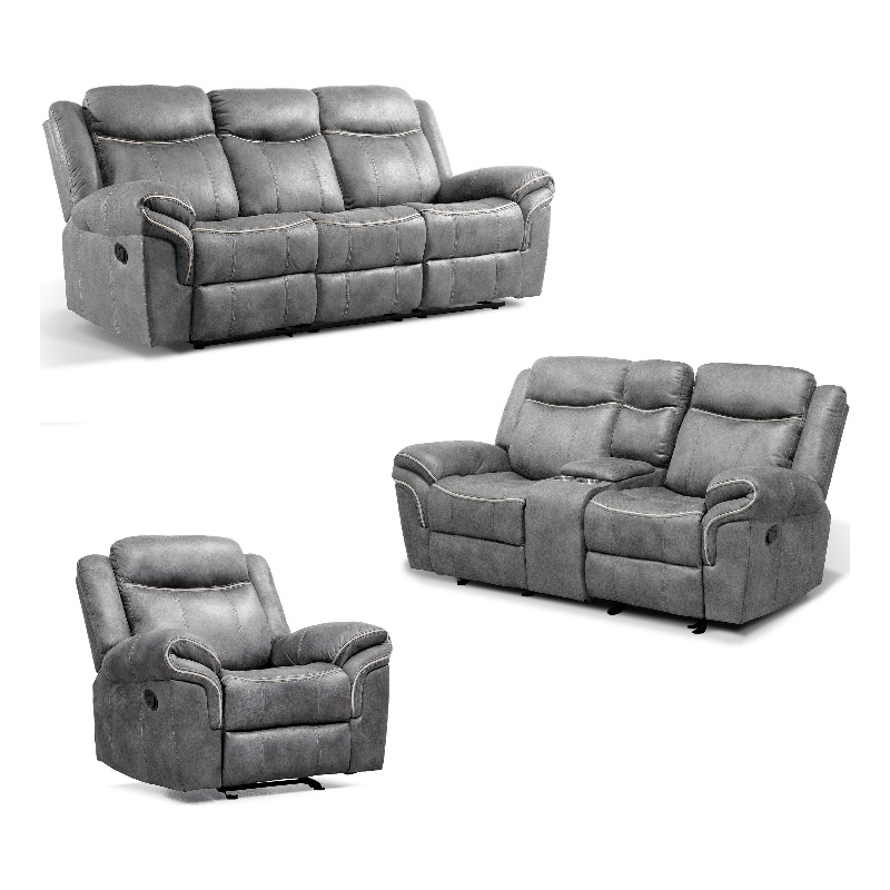 FOA Moya Faux Leather Warm Gray 3-Piece Manual Reclining Sofa Set