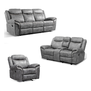 FOA Moya Faux Leather Warm Gray 3-Piece Manual Reclining Sofa Set