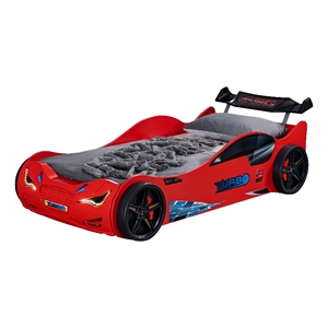 Furniture of America Jorix Wood Race Car Design Twin Kid Bed with LED in Red