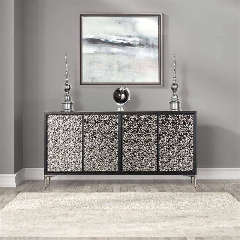 Furniture of America Meinter Wood Stainless Steel Door Panel Server in Black