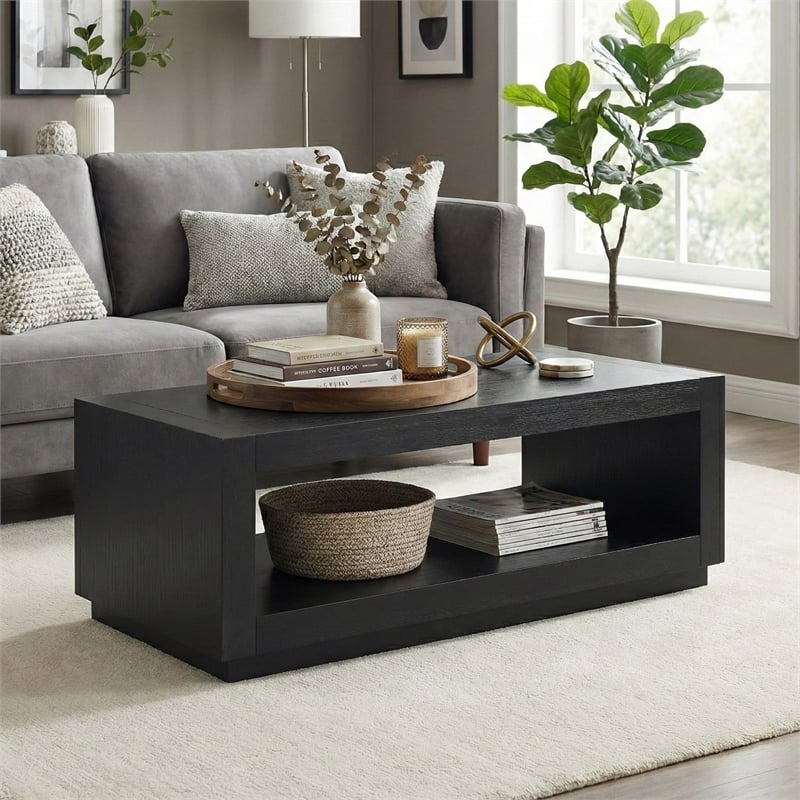 Furniture of America Mitta Solid Wood Storage Plinthe Base Coffee Table in Black