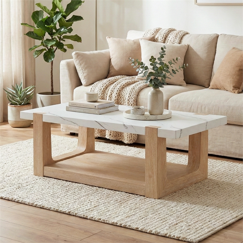 Furniture of America Coren Wood and Faux Marble Top Coffee Table in Brown