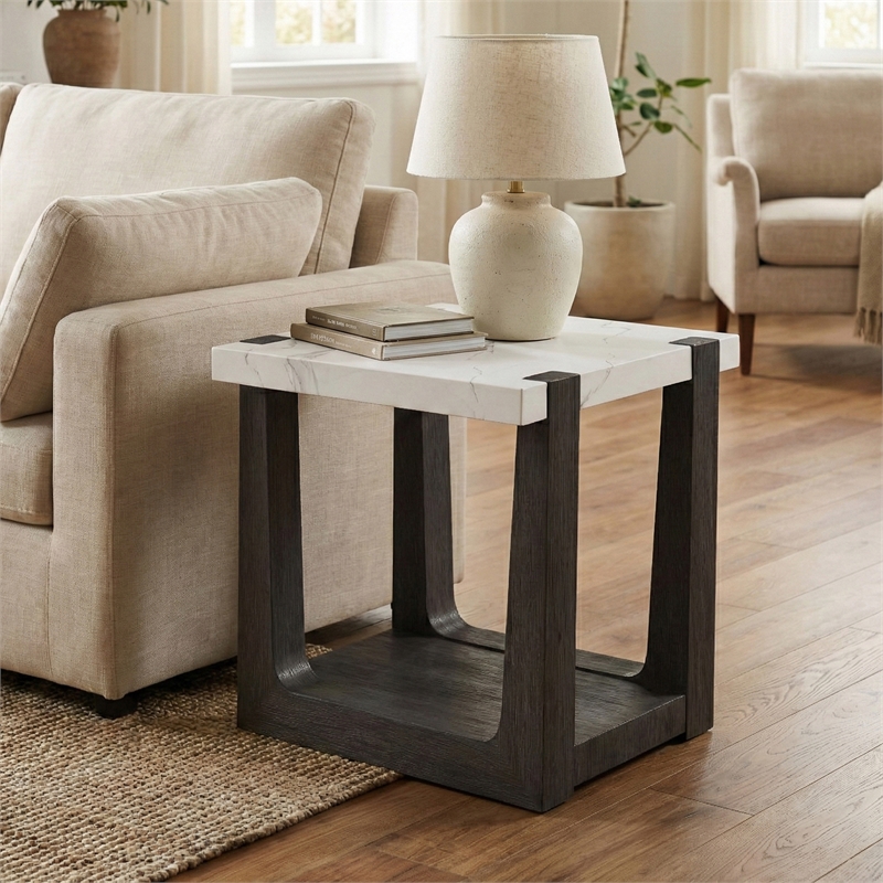 Furniture of America Coren Wood and Faux Marble Top Storage End Table in Black
