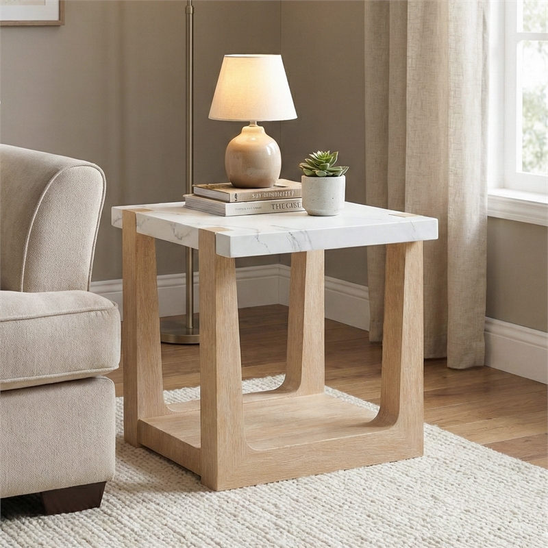 Furniture of America Coren Wood and Faux Marble Top Storage End Table in Brown