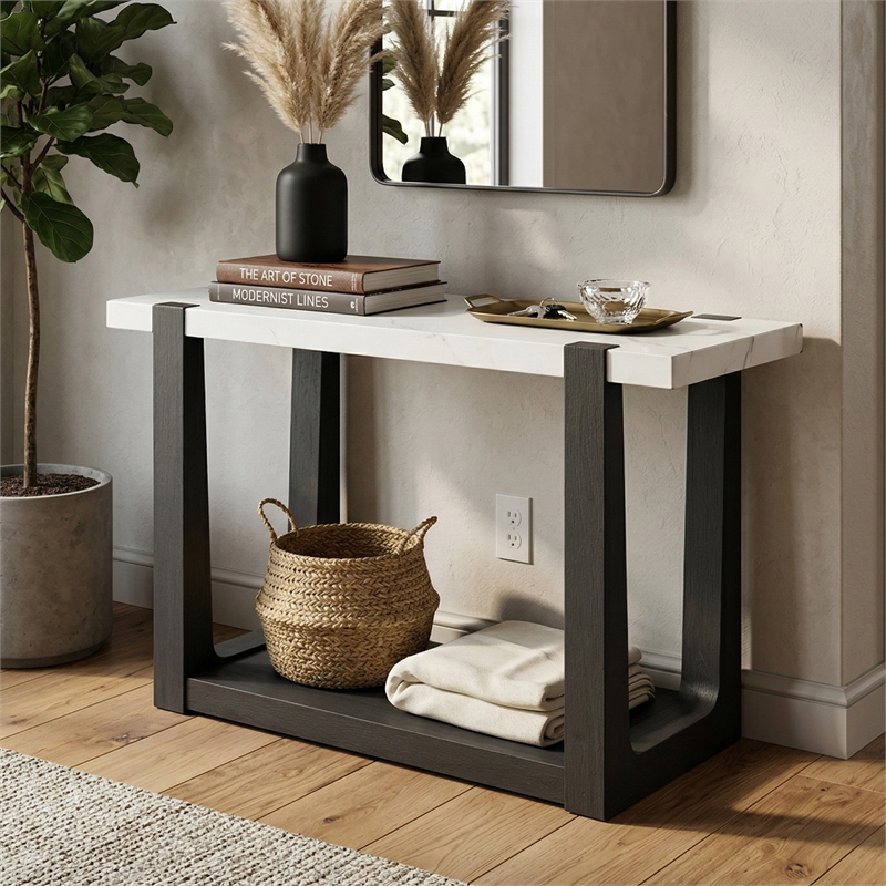 Furniture of America Coren Wood and Faux Marble Top Storage Sofa Table in Black