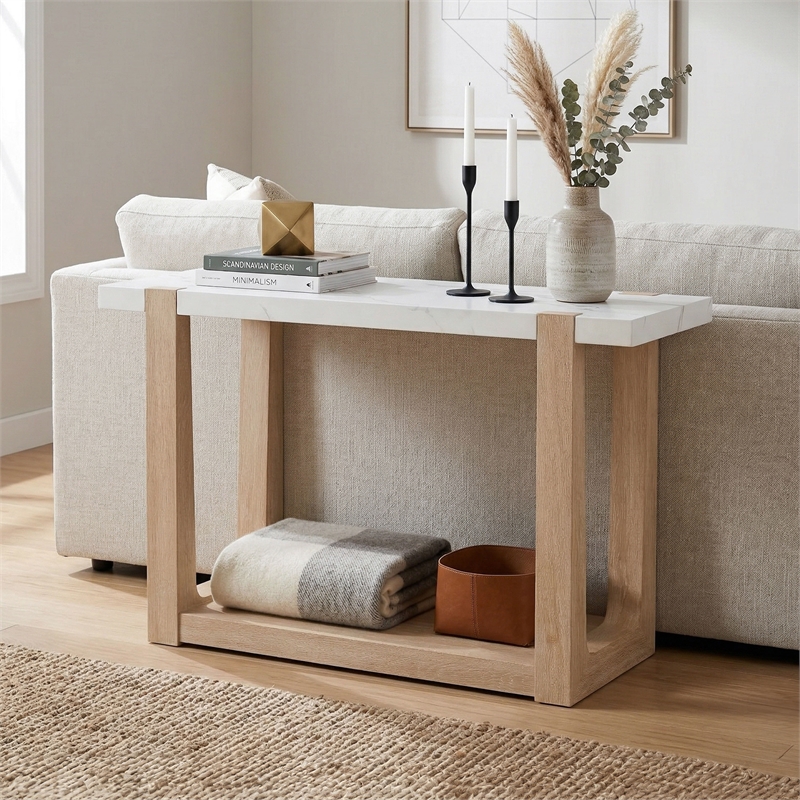 Furniture of America Coren Wood and Faux Marble Top Storage Sofa Table in Brown