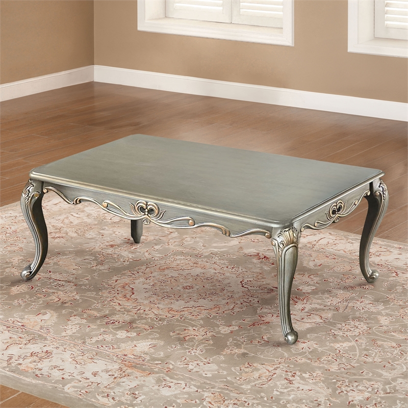 Furniture of America Gerant Solid Wood Rectangular Coffee Table in Silver