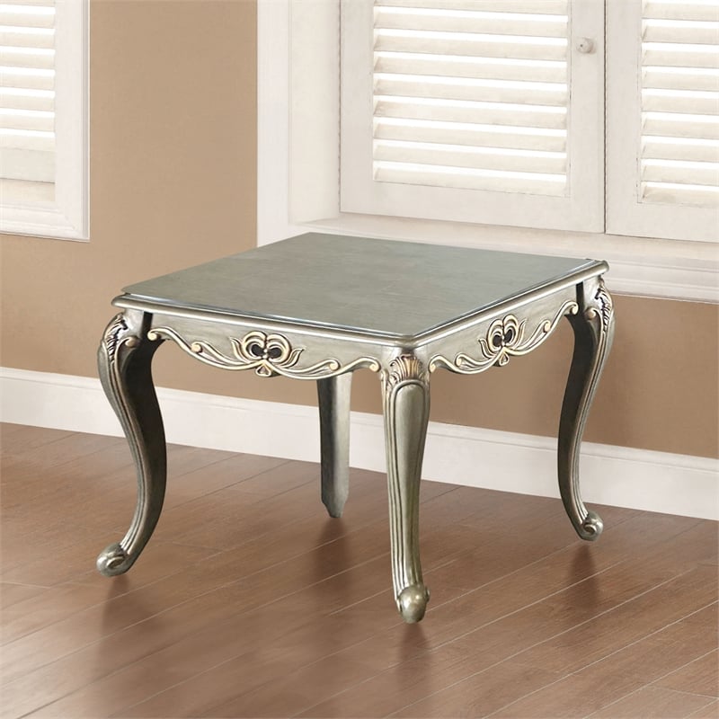 Furniture of America Gerant Solid Wood Rectangular End Table in Silver