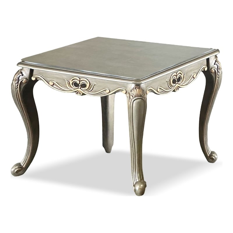 Furniture of America Gerant Solid Wood Rectangular End Table in Silver
