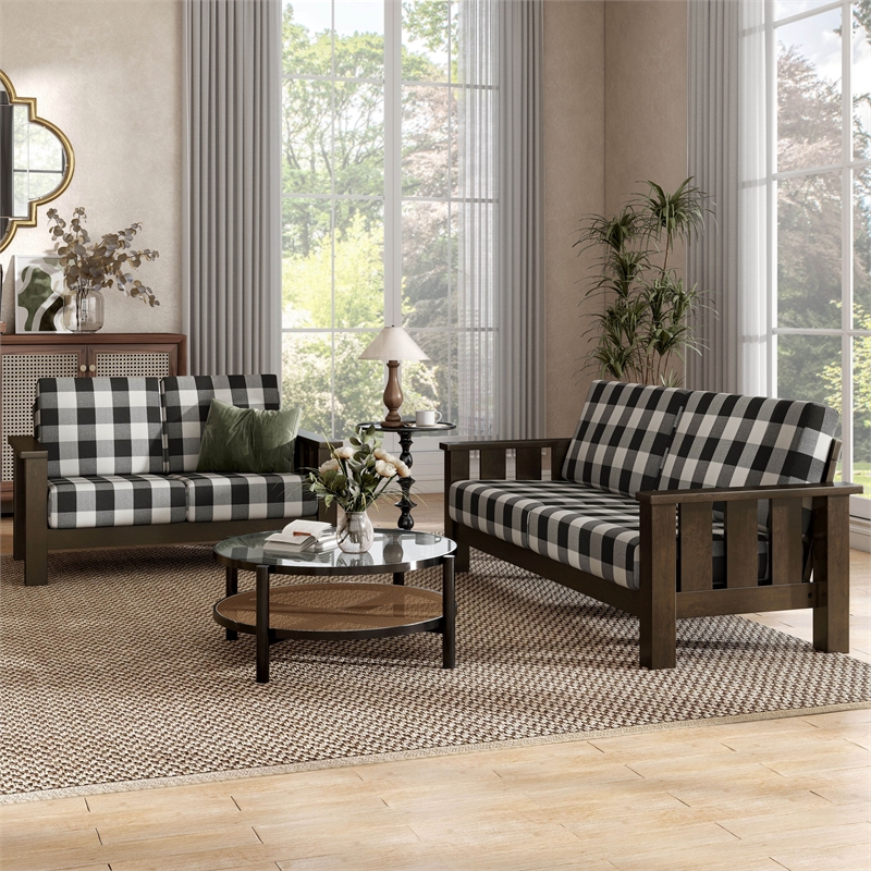 Furniture of America Gavik Wood Plaid Pattern 2-Piece Sofa Set in Dark Walnut