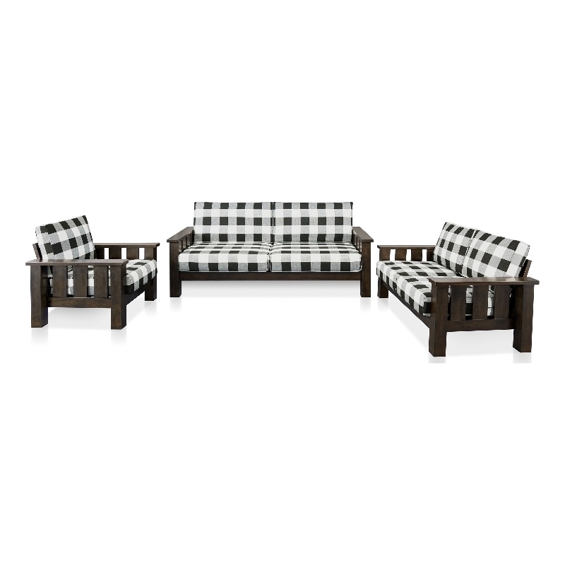 Furniture of America Gavik Wood Plaid Pattern 3-Piece Sofa Set in Dark Walnut