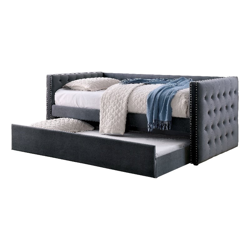 Furniture of America Elazar Wood Tufted Twin Daybed with Trundle in Gray