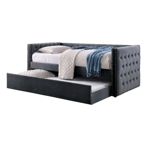 Furniture of America Elazar Wood Tufted Twin Daybed with Trundle in Gray