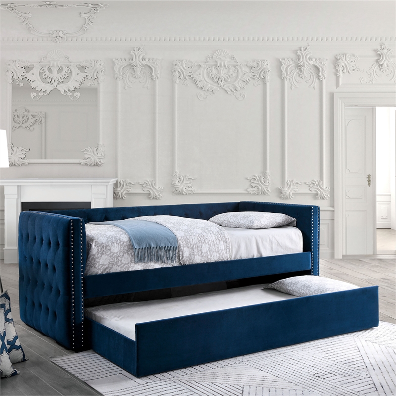 Furniture of America Elazar Wood Tufted Twin Daybed with Trundle in Navy
