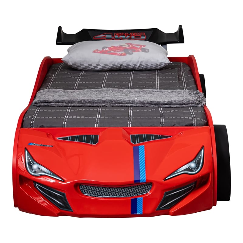 Furniture of America Redvers Wood Race Car Design Twin Kid Bed in Red