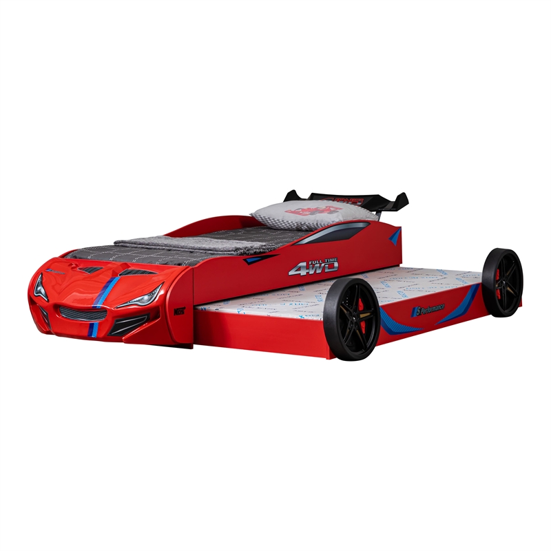 Furniture of America Redvers Wood Race Car Design Twin Kid Bed in Red
