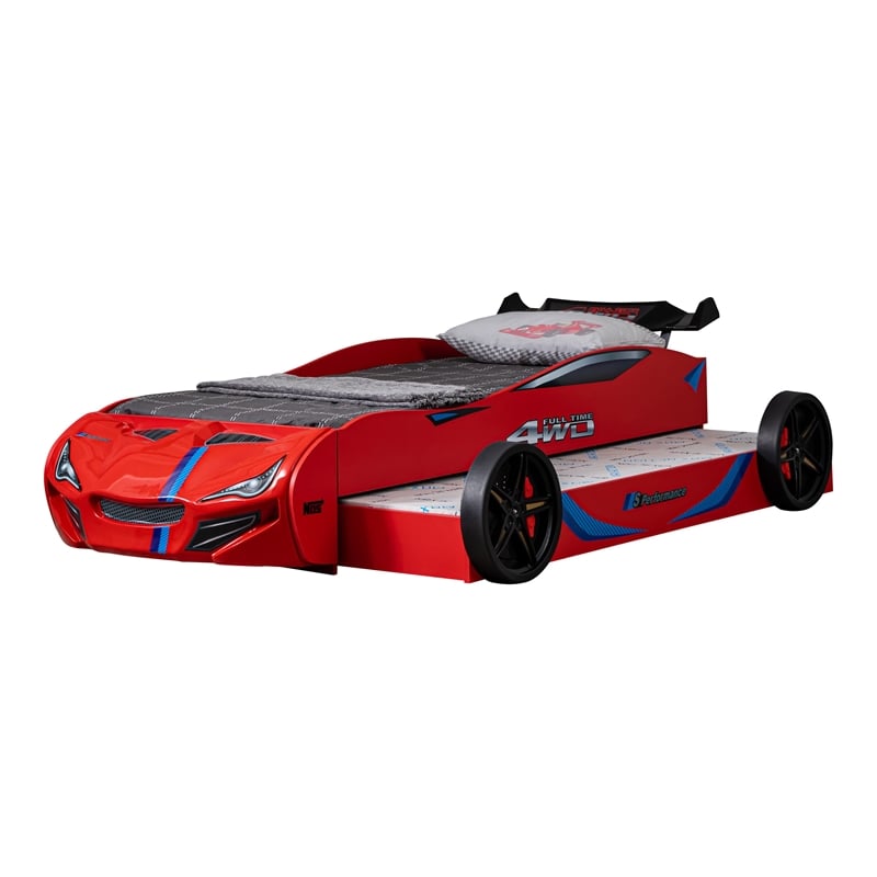 Furniture of America Redvers Wood Race Car Design Twin Kid Bed in Red