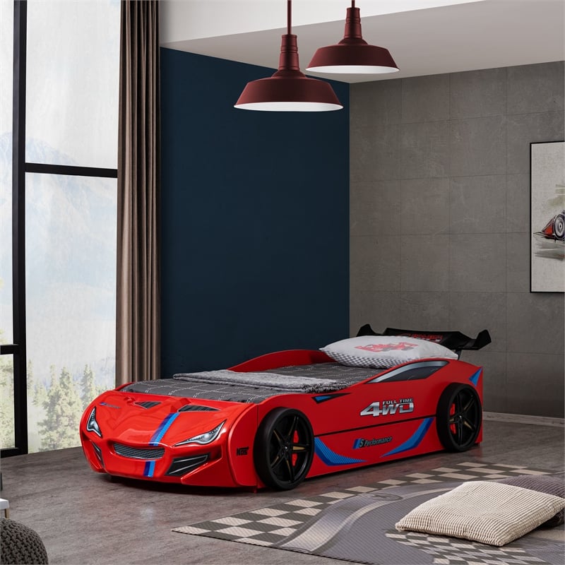 Furniture of America Redvers Wood Race Car Design Twin Kid Bed in Red
