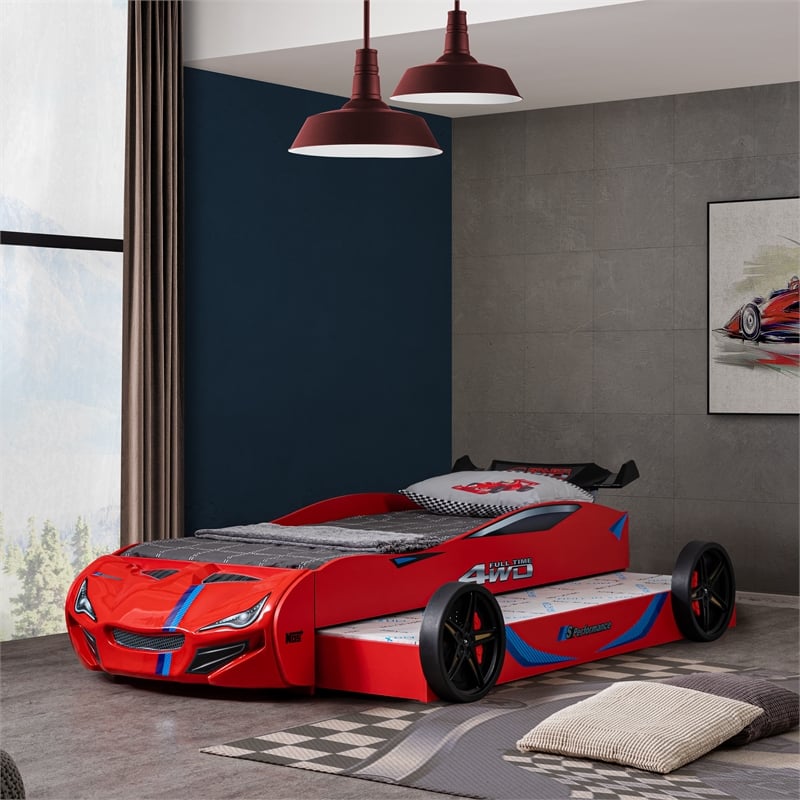 Furniture of America Redvers Wood Race Car Design Twin Kid Bed in Red
