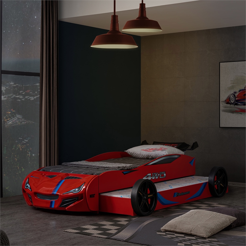 Furniture of America Redvers Wood Race Car Design Twin Kid Bed in Red