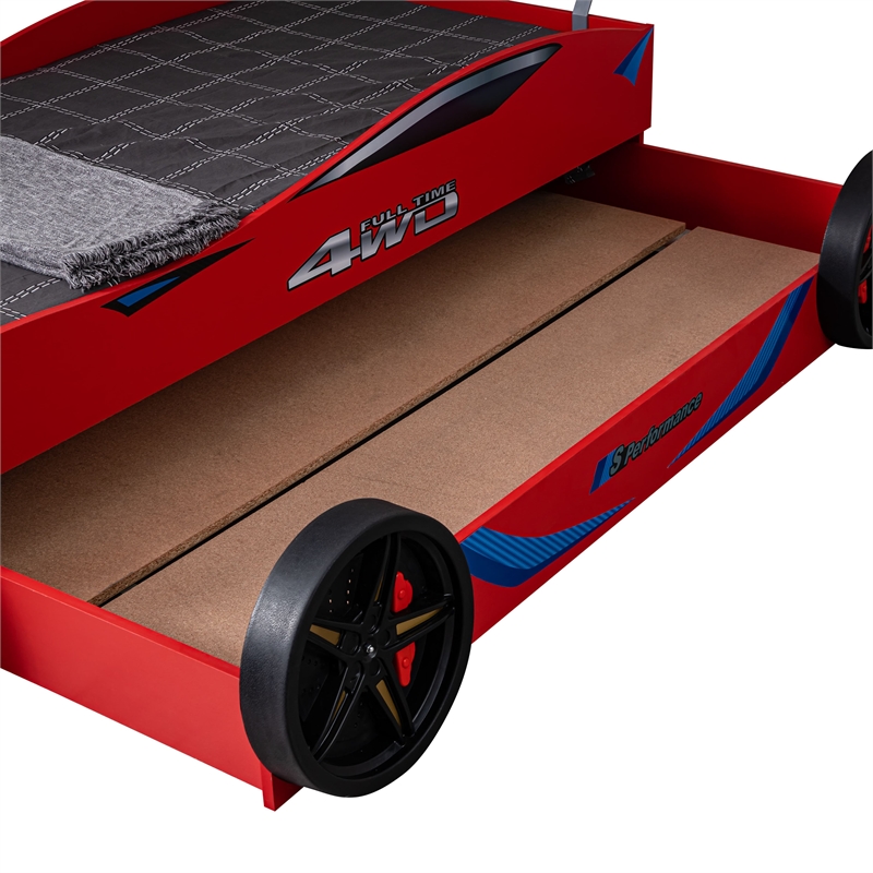 Furniture of America Redvers Wood Race Car Design Twin Kid Bed in Red