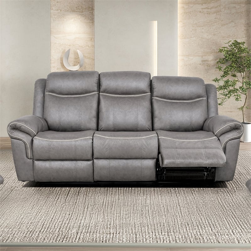 FOA Moya Faux Leather Manual Reclining Sofa with Drop-Down Table in Warm Gray