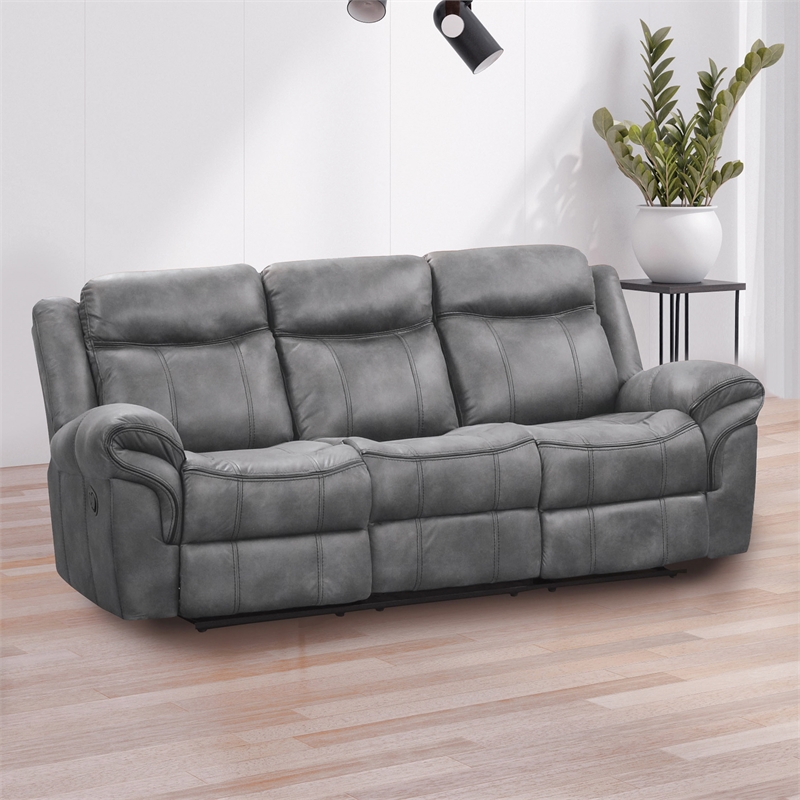 FOA Moya Faux Leather Manual Reclining Sofa with Drop-Down Table in Dark Gray