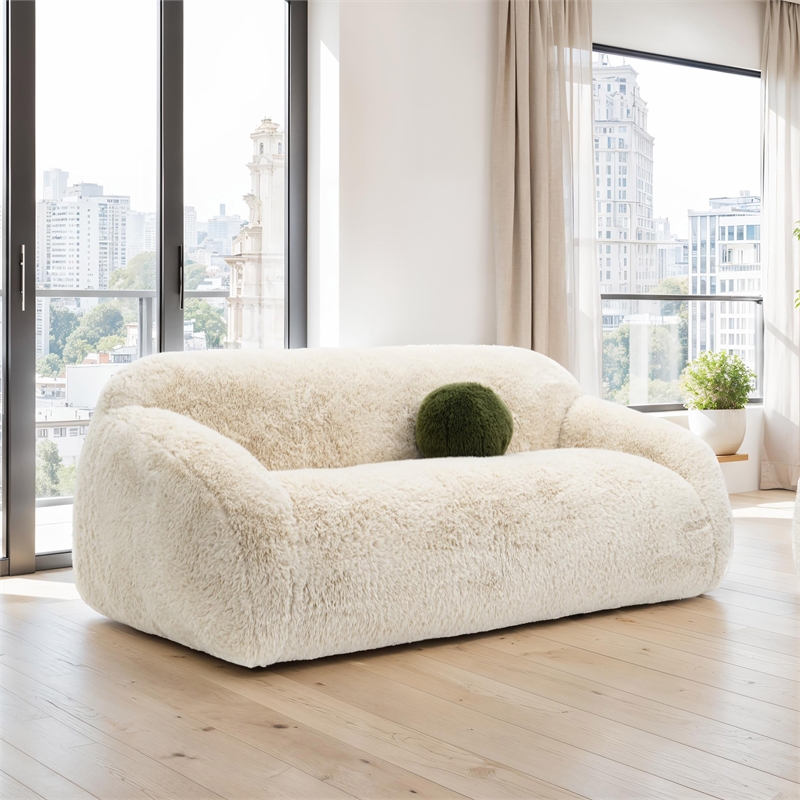 Furniture of America Grizzly Fabric Long-Pile Shaggy Plush Loveseat in Beige