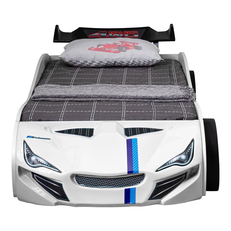 Furniture of America Redvers Wood Race Car Design Twin Kid Bed in White