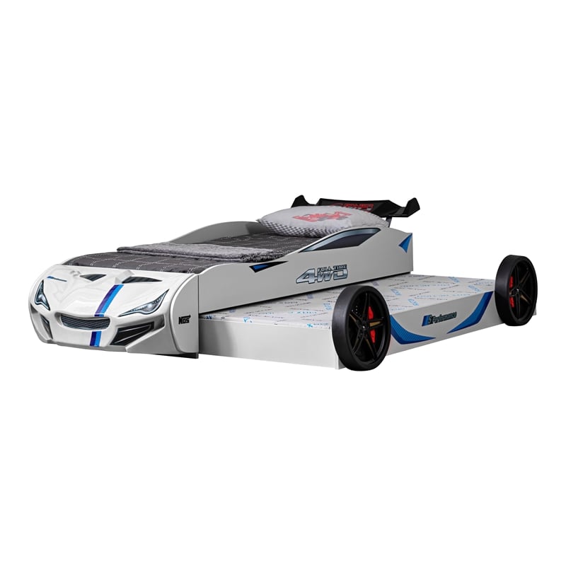 Furniture of America Redvers Wood Race Car Design Twin Kid Bed in White