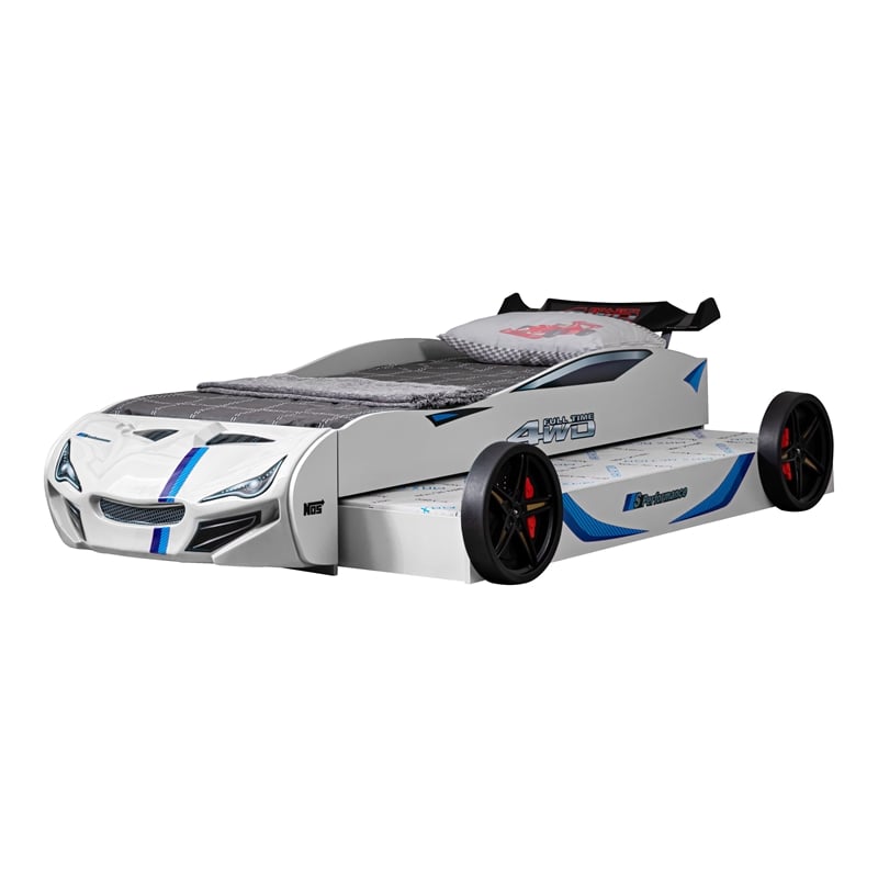 Furniture of America Redvers Wood Race Car Design Twin Kid Bed in White