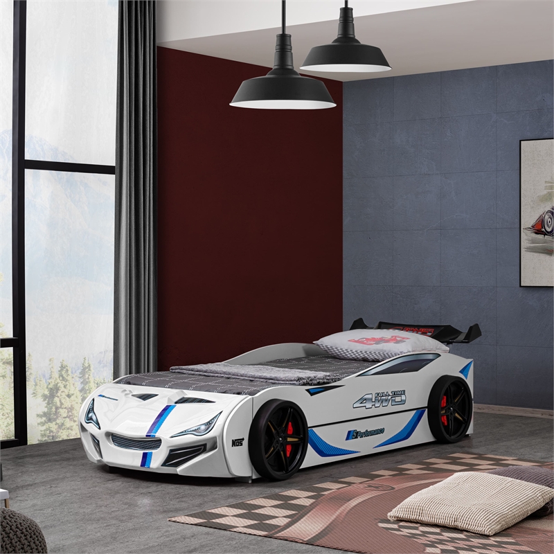 Furniture of America Redvers Wood Race Car Design Twin Kid Bed in White