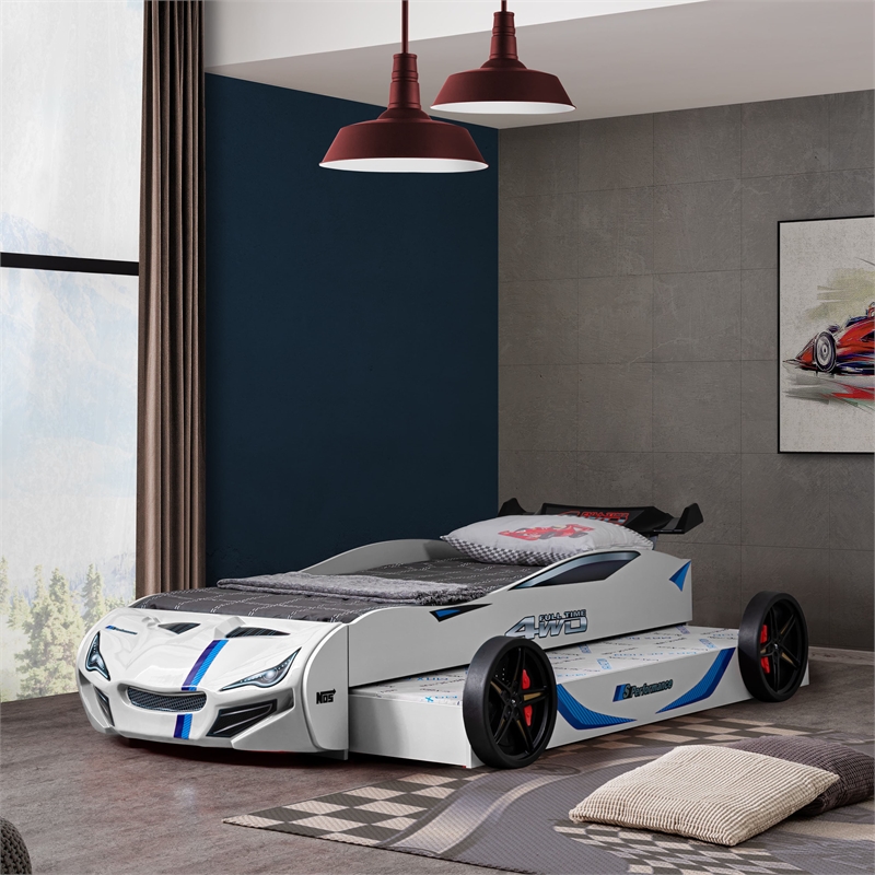 Furniture of America Redvers Wood Race Car Design Twin Kid Bed in White