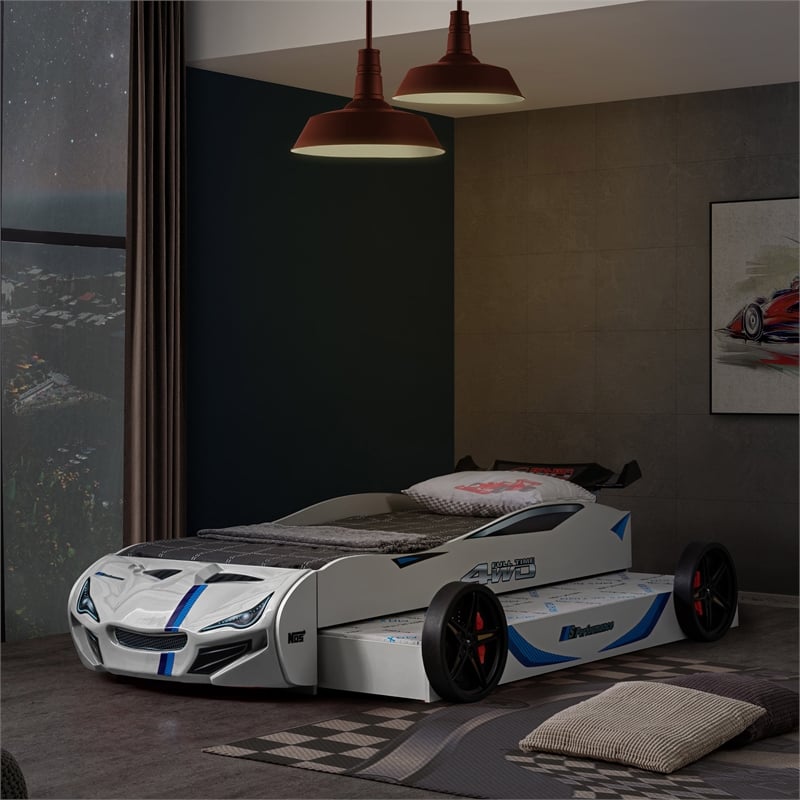 Furniture of America Redvers Wood Race Car Design Twin Kid Bed in White