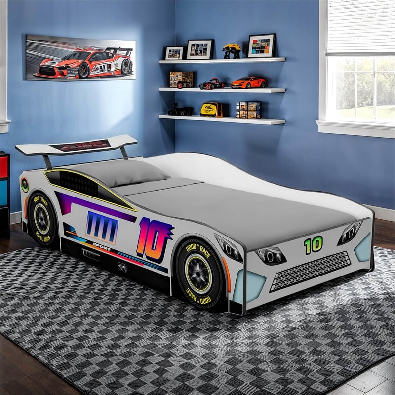 Furniture of America Yael Wood Race Car Design Twin Kid Bed in White