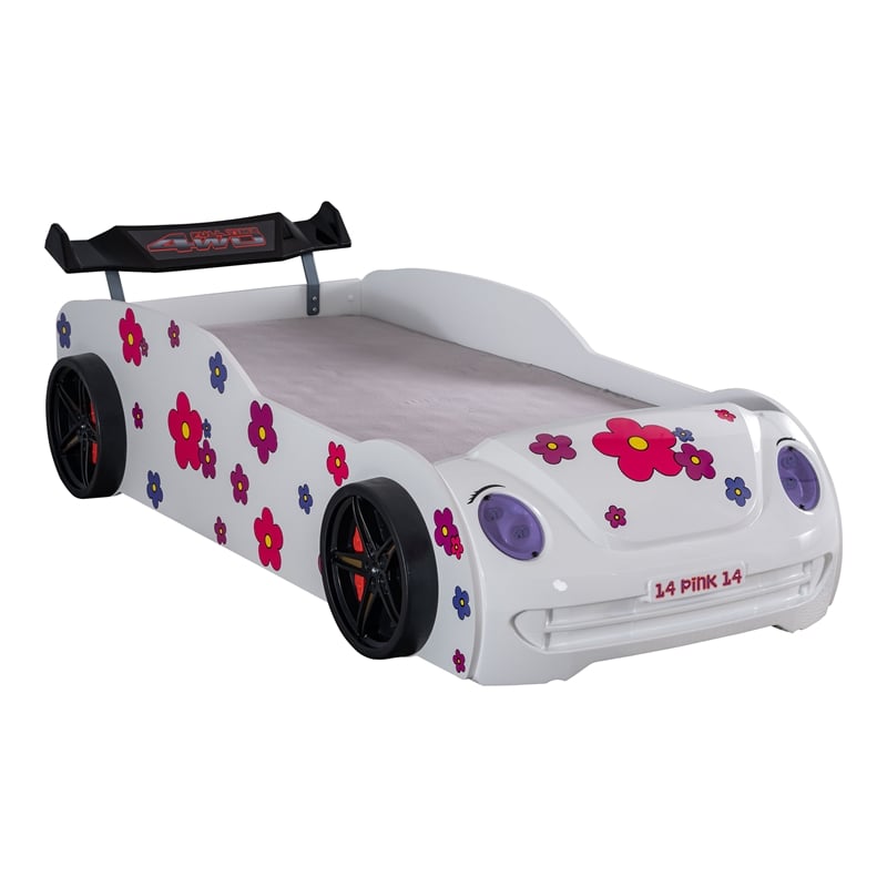 Furniture of America Junel Wood Race Car Design Twin Kid Bed with LED in White