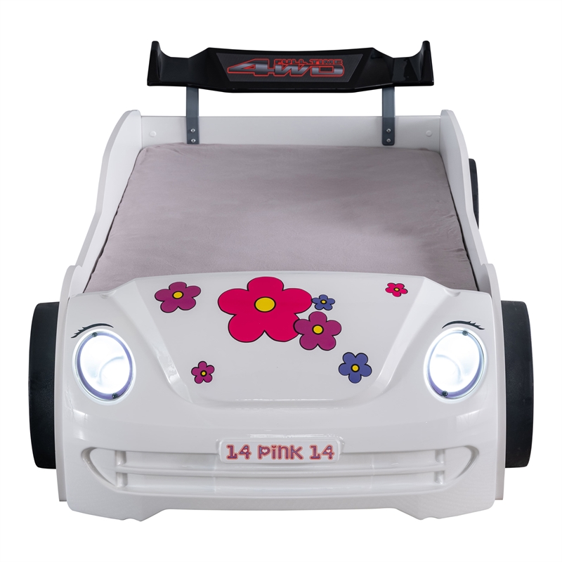 Furniture of America Junel Wood Race Car Design Twin Kid Bed with LED in White