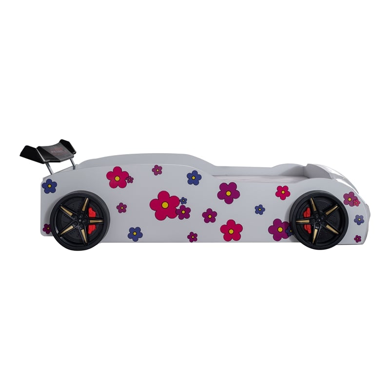 Furniture of America Junel Wood Race Car Design Twin Kid Bed with LED in White