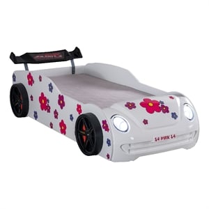 Furniture of America Junel Wood Race Car Design Twin Kid Bed with LED in White