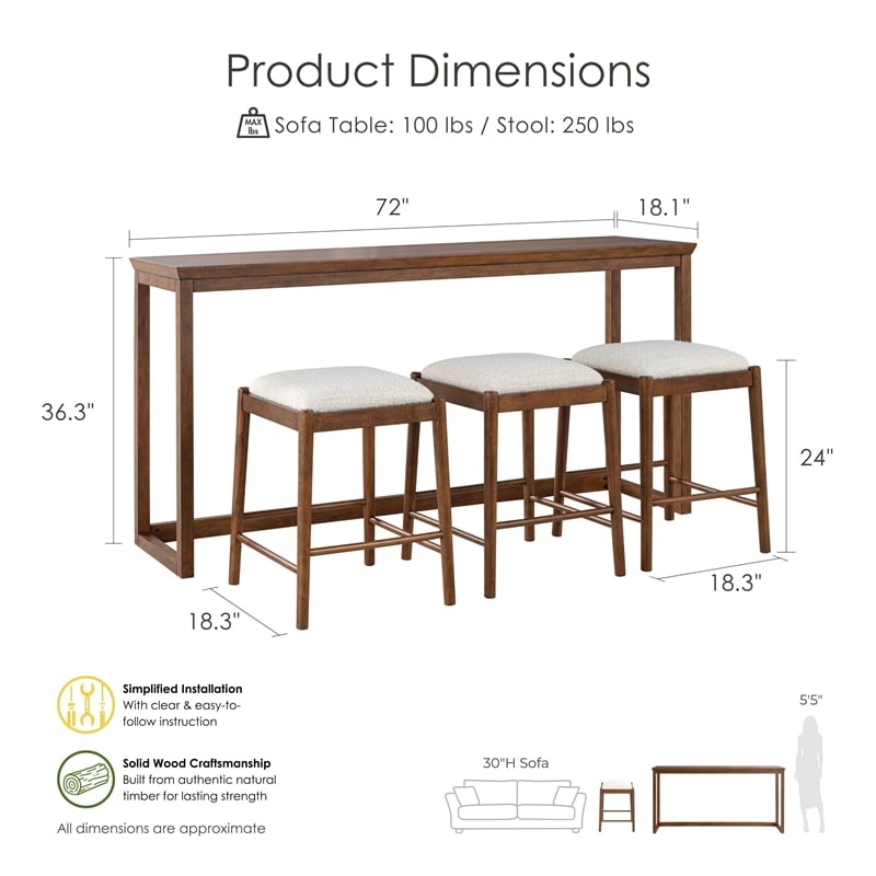 Furniture of America Forma Solid Wood 4-Piece Sofa Table with Stools in Walnut