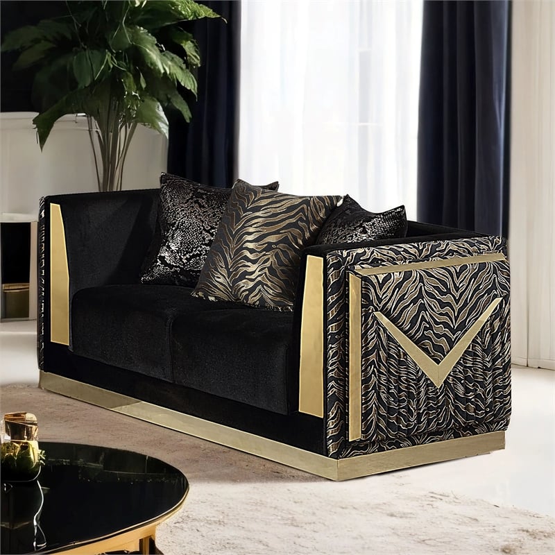 Furniture of America Samison Fabric Zebra Print Gold Trim Loveseat in Black