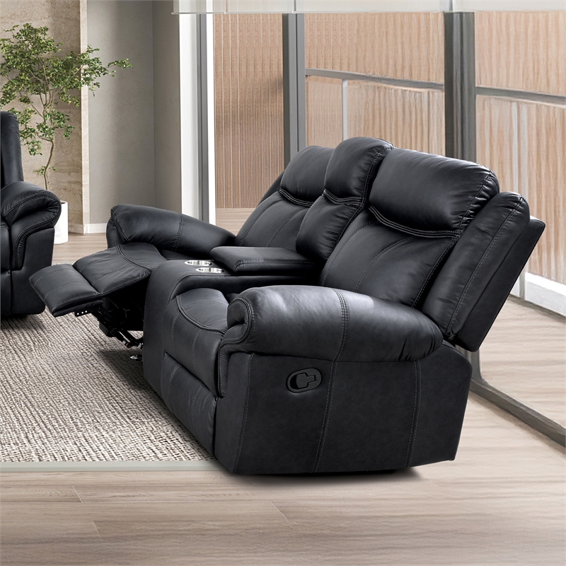 Furniture of America Moya Faux Leather Manual Glider Loveseat in Black