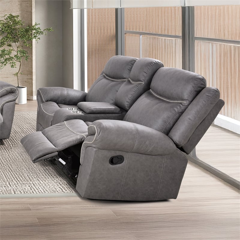 Furniture of America Moya Faux Leather Manual Glider Loveseat in Warm Gray