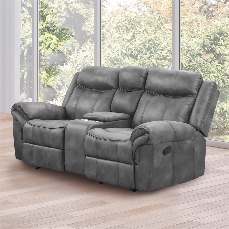 Furniture of America Moya Faux Leather Manual Glider Loveseat in Dark Gray