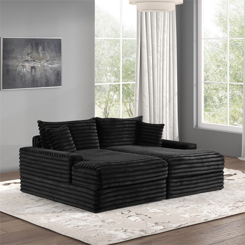Furniture of America Ophelia Fabric Double Chaise Sofa with USB Ports in Black