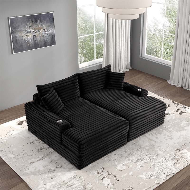 Furniture of America Ophelia Fabric Double Chaise Sofa with USB Ports in Black
