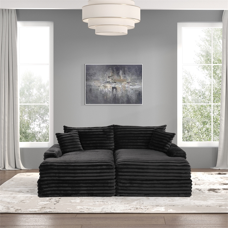 Furniture of America Ophelia Fabric Double Chaise Sofa with USB Ports in Black