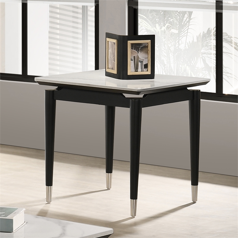 Furniture of America Miranda Sintered Stone Top and Wood End Table in Black