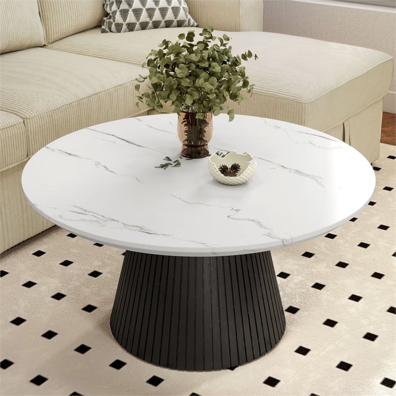 Furniture of America Coraly Faux Marble Top and Wood Round Coffee Table in Black