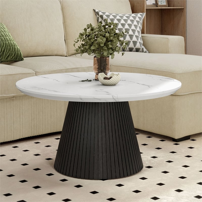 Furniture of America Coraly Faux Marble Top and Wood Round Coffee Table in Black